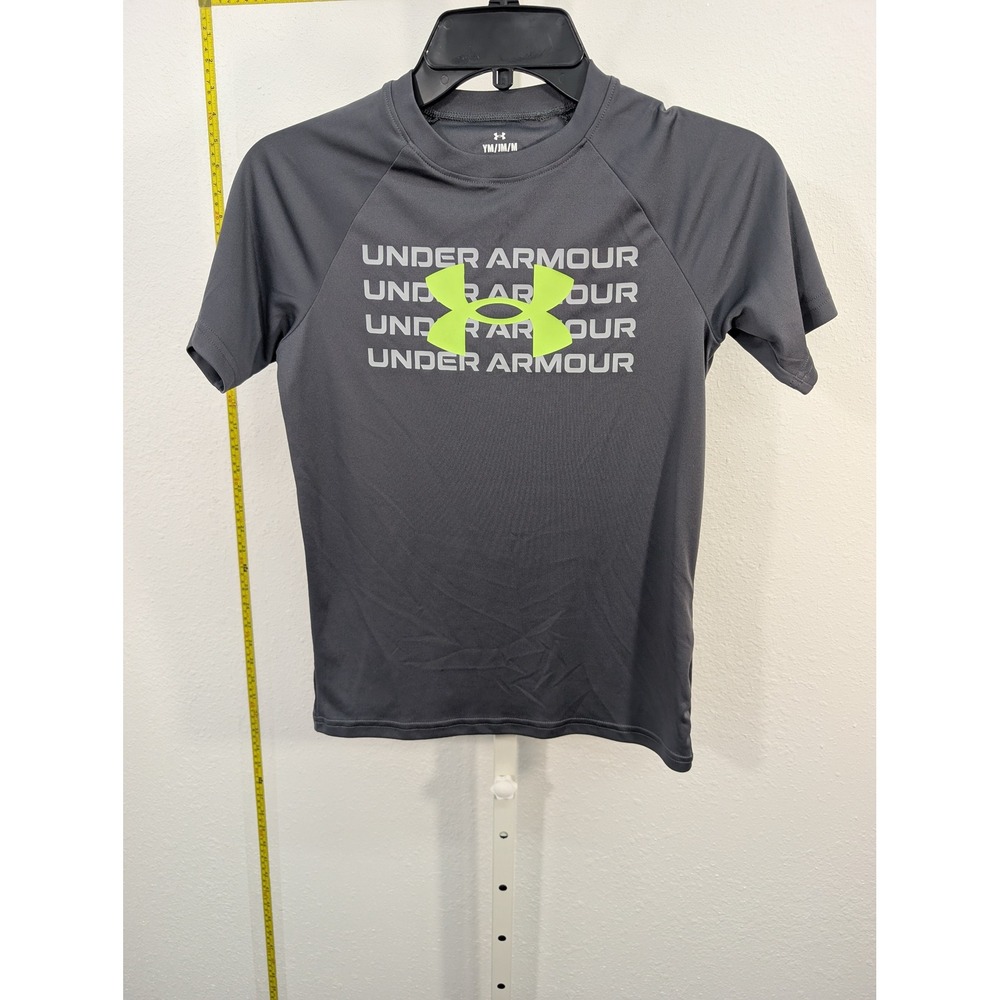 Under Armour Boys Gray Neon Yellow Stacked Logo HeatGear Shirt Size Youth Medium